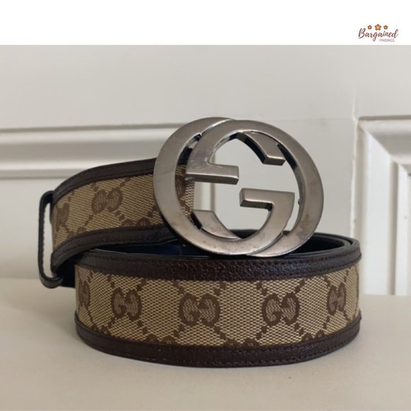 Authentic GUCCI Brown Monogram Canvas Silver Interlocking G Buckle Belt 90/36 - Picture 13 of 14